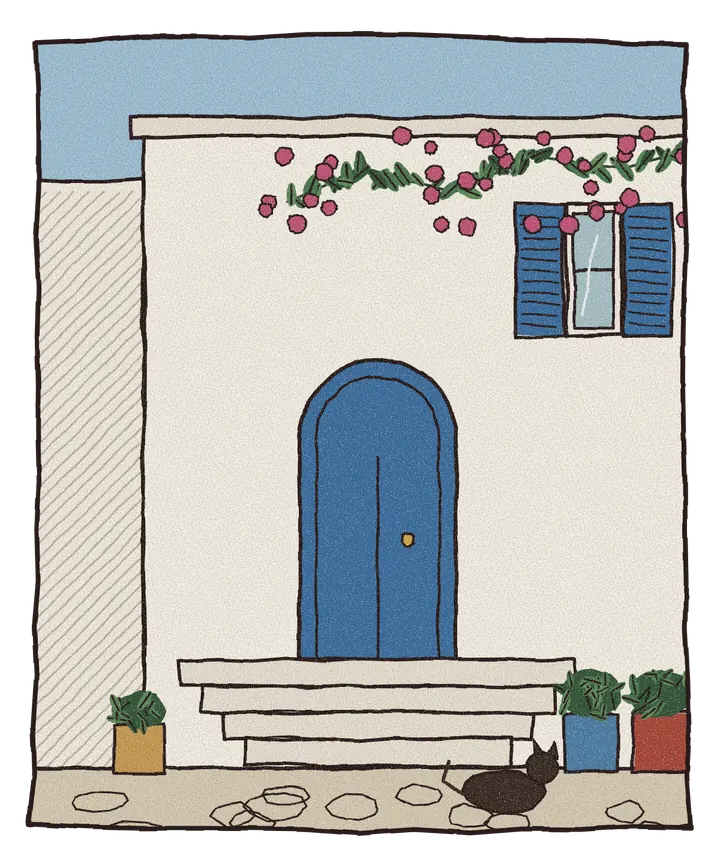 Håndtegnet illustrasjon av et hvitkalket hus med blå dør, bougainvillea og en katt